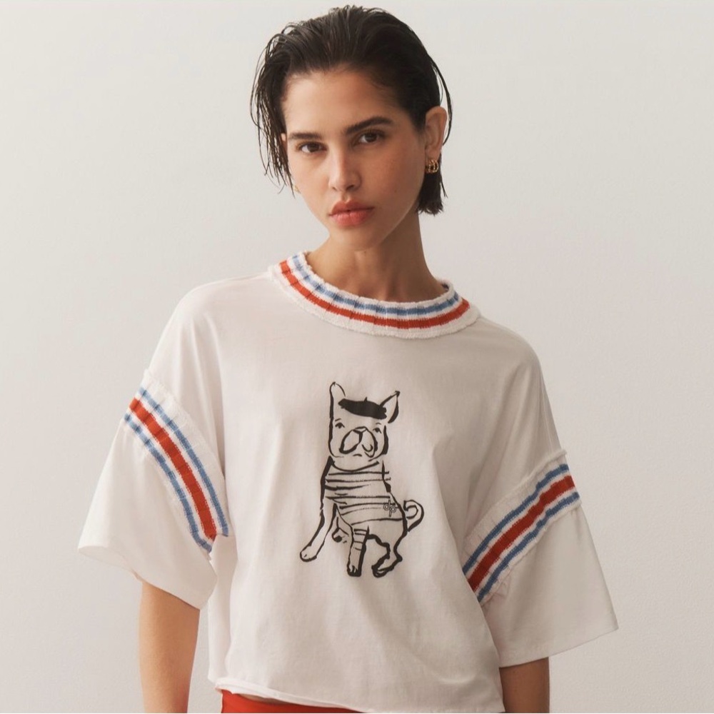 Anthropologie White and Red Striped Cat Tee